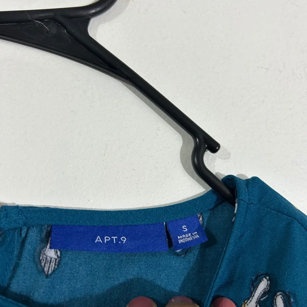 Apt 9 Teal Shoe Print Blouse Ruffle Bell Sleeves Top, Size S - Picture 2 of 10